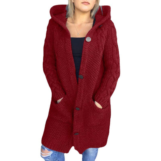 Damen Oversize Kapuzen-Strickmantel mit Zopfstrickärmeln und Eingrifftaschen Drune
