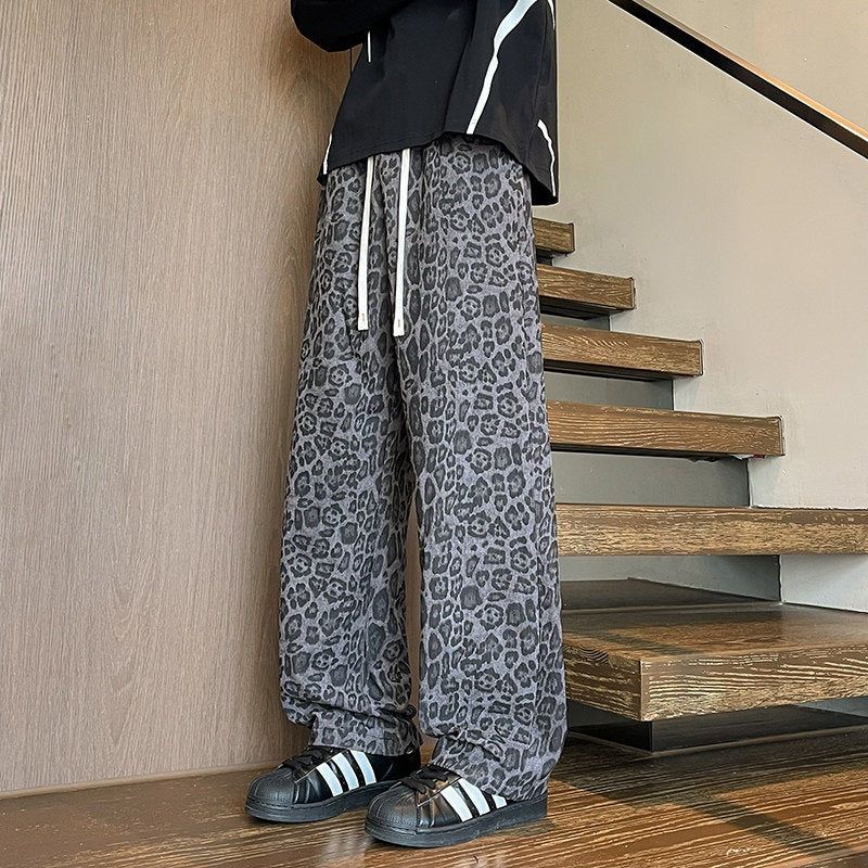 Herren Weit geschnittene Leoprint-Hose aus leichtem Viskose-Mix mit Kordelzug Nord Taschen