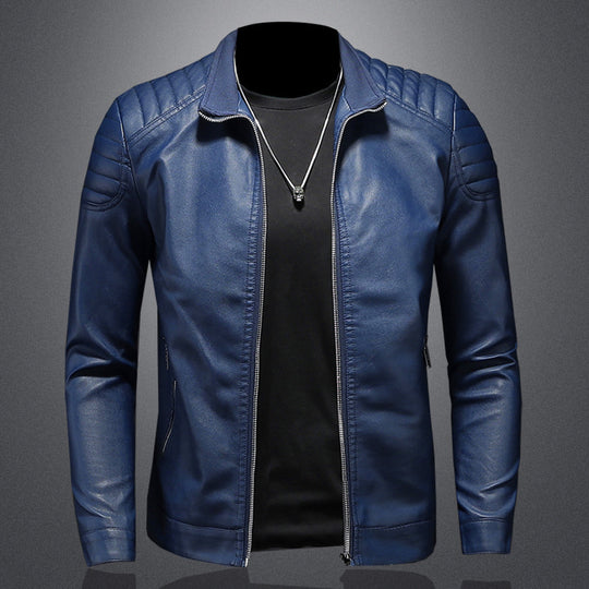 Herren schlank geschnittene Kunstleder-Motojacke mit Stehkragen und gesteppter Schulterpasse Nord Taschen