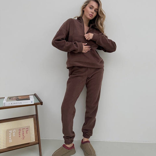 Damen gemütlicher Fleece-Zweiteiler mit halbem Reißverschluss, cropped Pullover und hochtaillierter Jogginghose mit elastischem Bund Nord Taschen