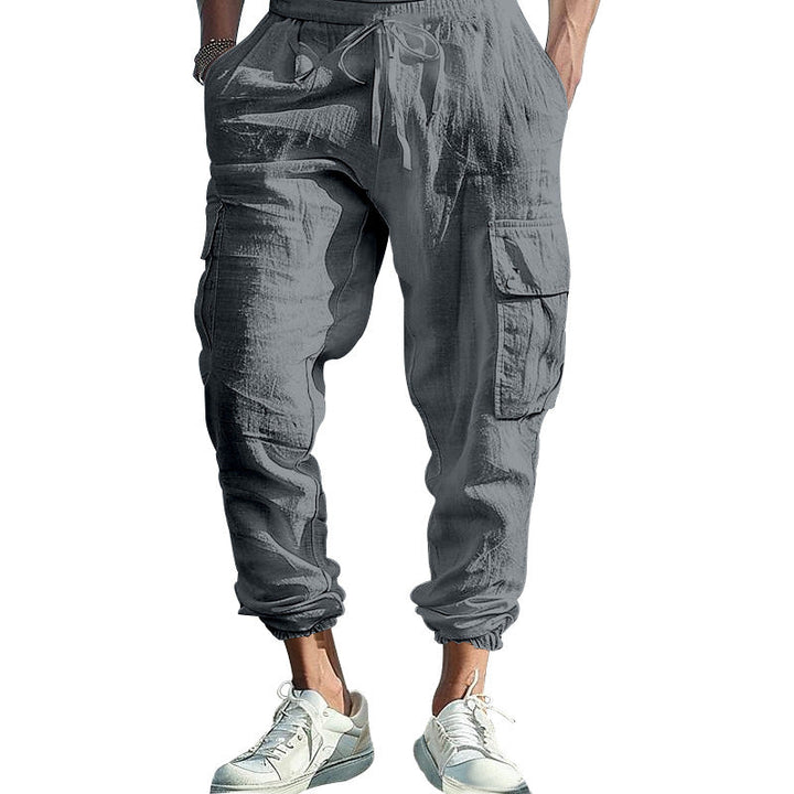 Herren nan lässige Leinen-Cargo-Jogger mit Kordelbund, großen Klapptaschen und elastischem Knöchelabschluss
