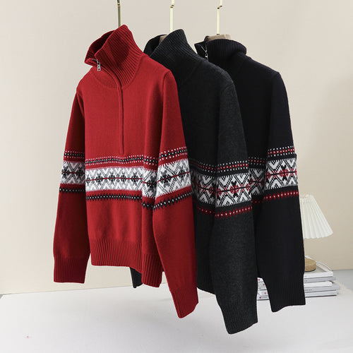 Damen Wärmender Norweger-Strickpullover mit halbem Reißverschluss und hohem Stehkragen Nord Taschen