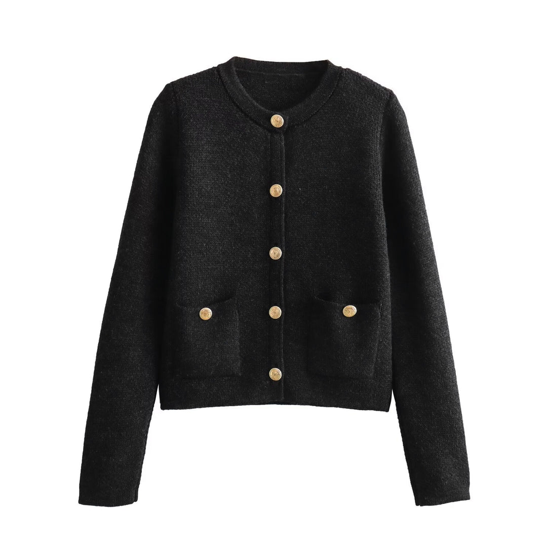 Damen Kurzgeschnittener Bouclé-Cardigan mit Rundhals, Pattentaschen und Münzknöpfen Nord Taschen