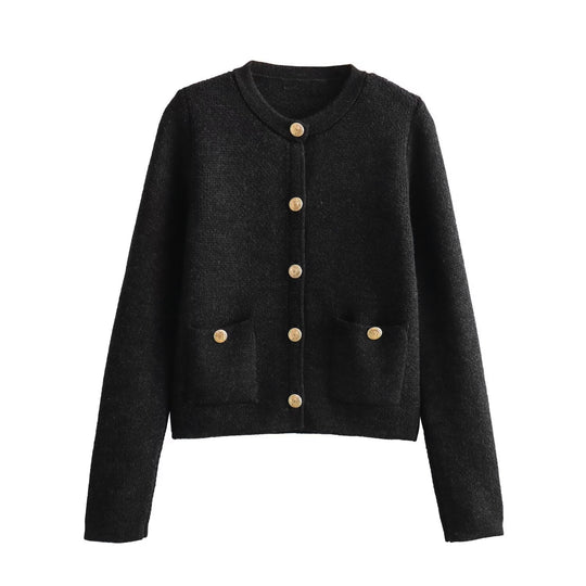 Damen Kurzgeschnittener Bouclé-Cardigan mit Rundhals, Pattentaschen und Münzknöpfen Nord Taschen