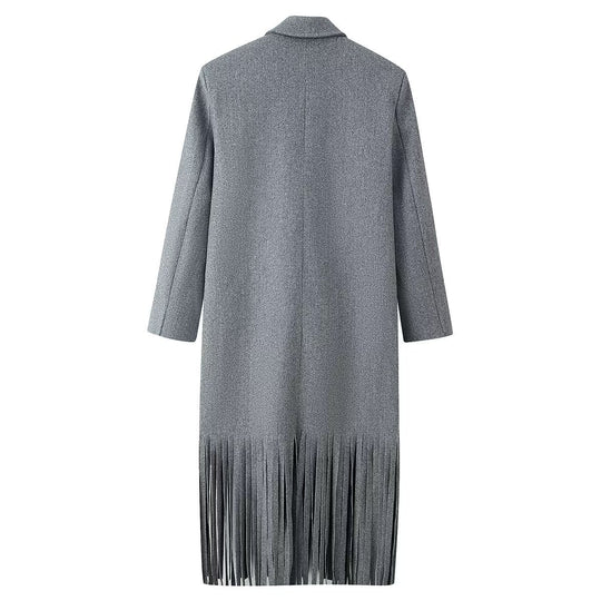 Damen Doppelreihiger Wollmix-Mantel mit Fransensaum und fallendem Revers Nord Taschen