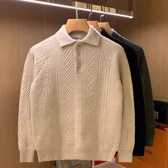 Herren Feinstrick-Polopullover mit halber Knopfleiste und Zopfmuster Nord Taschen