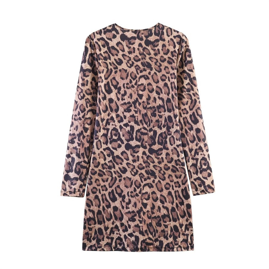 Damen Leoprint-Minikleid mit Rundhalsausschnitt, langen Ärmeln und A-Linien‑Silhouette Nord Taschen