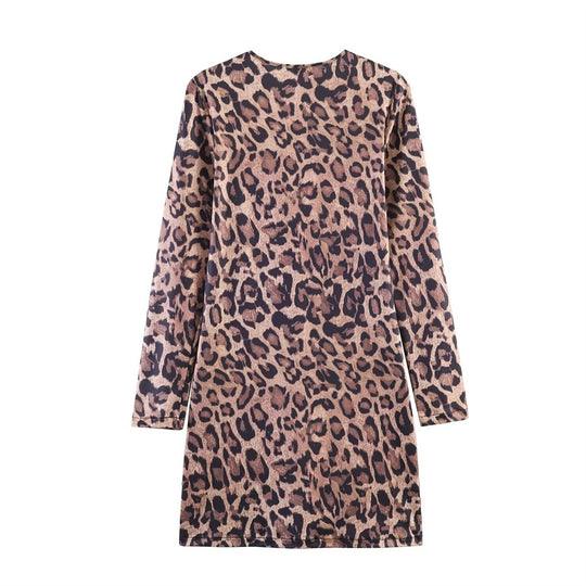 Damen Leoprint-Minikleid mit Rundhalsausschnitt, langen Ärmeln und A-Linien‑Silhouette Nord Taschen