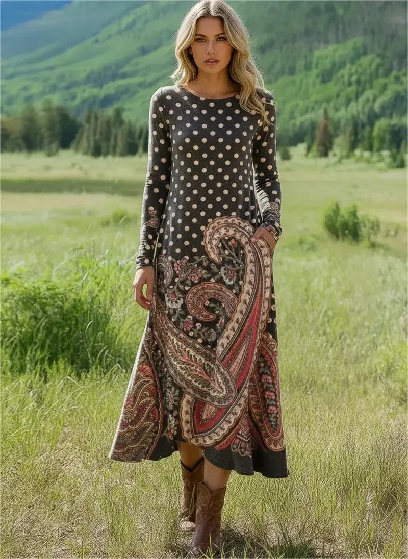 Damen Elegantes Maxikleid mit Punkten und Paisleymuster Nord Taschen
