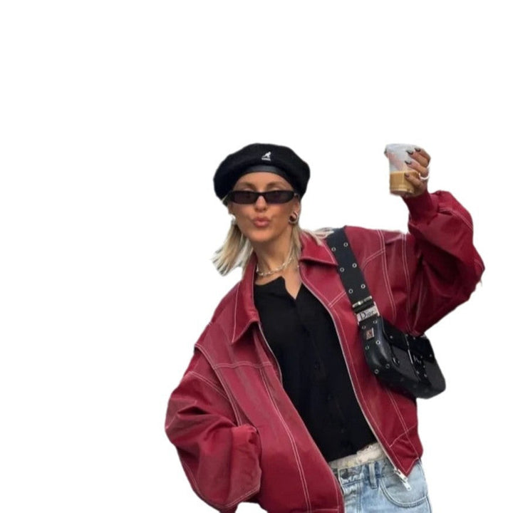 Damen Kunstlederjacke mit elastischen Bündchen und hochschließendem Kragen