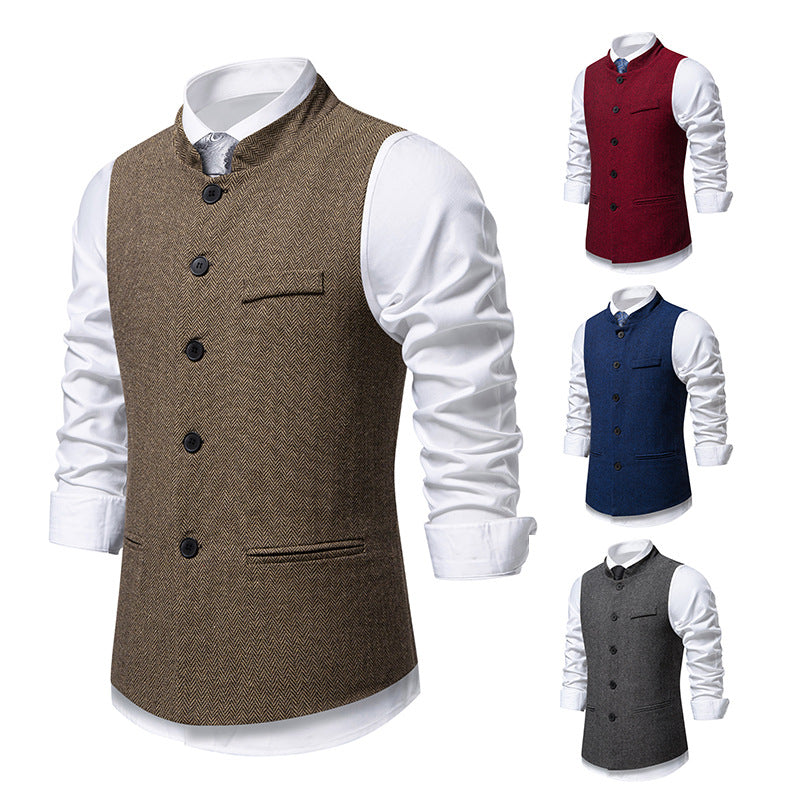 Herren elegante Weste mit Stehkragen und Fischgrätmuster aus Wollmix Nord Taschen