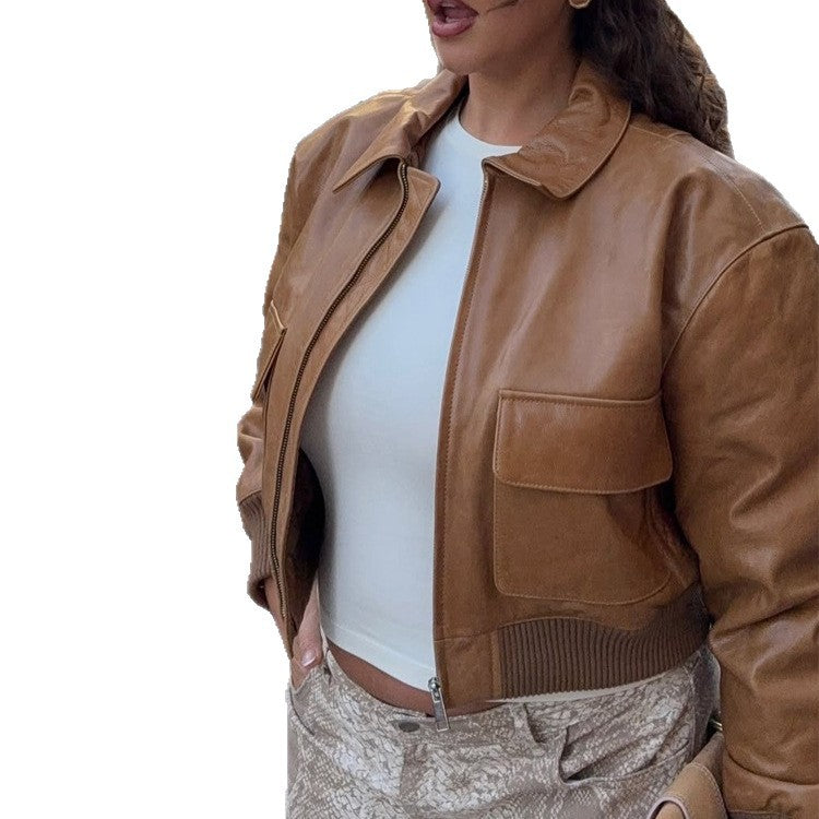 Damen Kurze Lederoptik-Blousonjacke mit großen Pattentaschen und geripptem Bund Nord Taschen