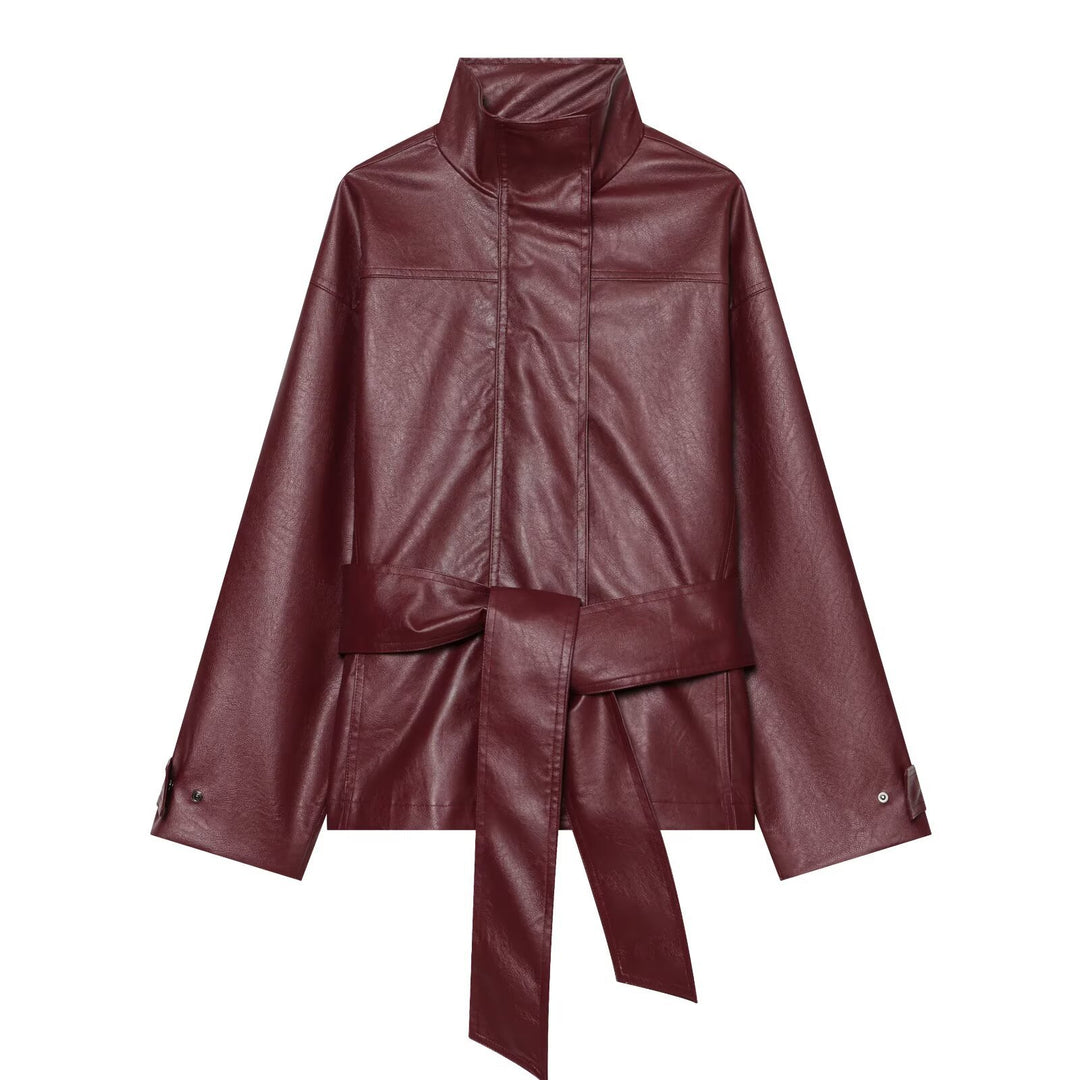 Damen Taillierte Kunstlederjacke mit hohem Stehkragen und Bindegürtel Nord Taschen