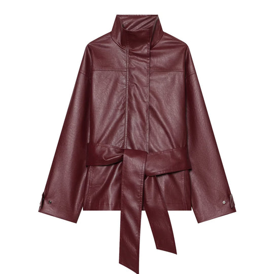 Damen Taillierte Kunstlederjacke mit hohem Stehkragen und Bindegürtel Nord Taschen