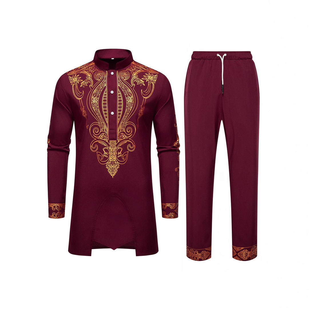 Herren Tunika Anzug mit Stehkragen und ornamentaler Goldapplikation Nord Taschen