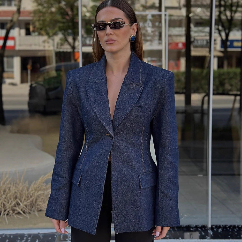 Damen taillierter Jeansblazer mit geschwungenem Revers Nord Taschen
