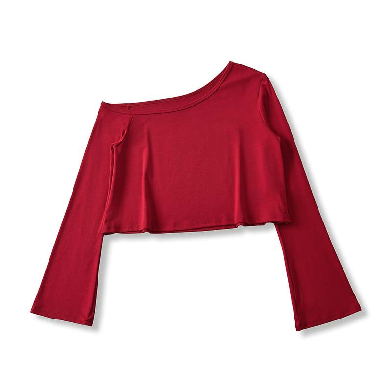Damen Cropped Off-Shoulder Longsleeve mit ausgestellten Trompetenärmeln aus Jersey Nord Taschen