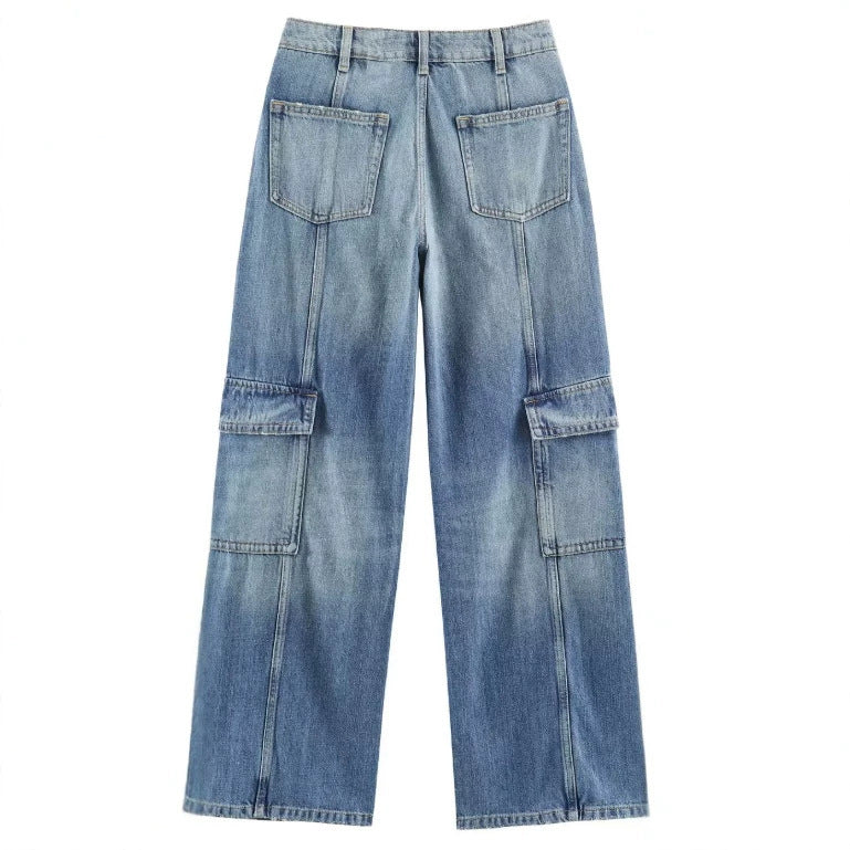 Damen Jeans‑Cargo‑Hose mit weitem Bein, Ziernähten und aufgesetzten Klappentaschen Nord Taschen