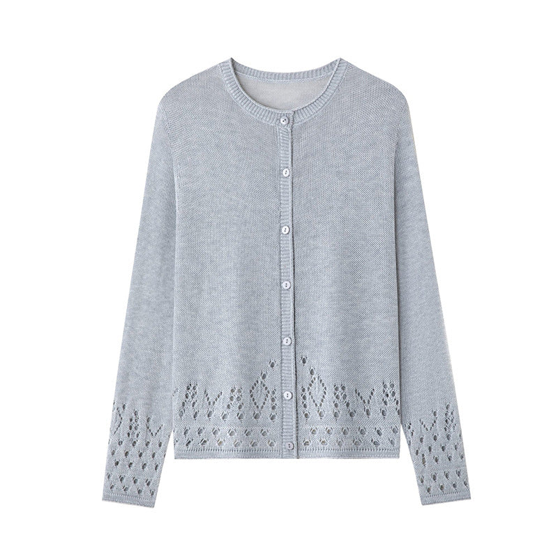 Damen Feiner Feinstrick-Cardigan mit Ajourmuster am Saum und Rundhalsausschnitt Nord Taschen