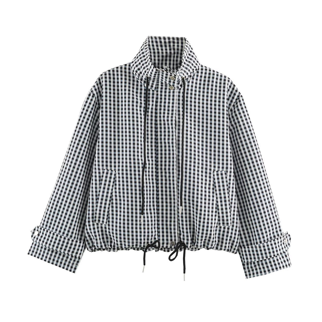 Damen Kurzjacke im Karo‑Look mit Tunnelzugsaum und hohem Stehkragen Nord Taschen