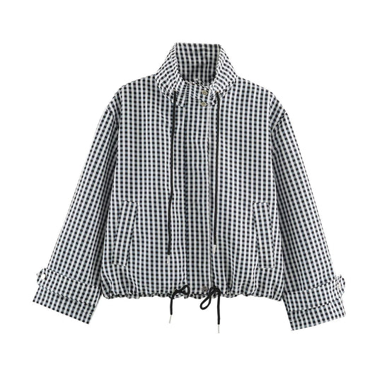 Damen Kurzjacke im Karo‑Look mit Tunnelzugsaum und hohem Stehkragen Nord Taschen
