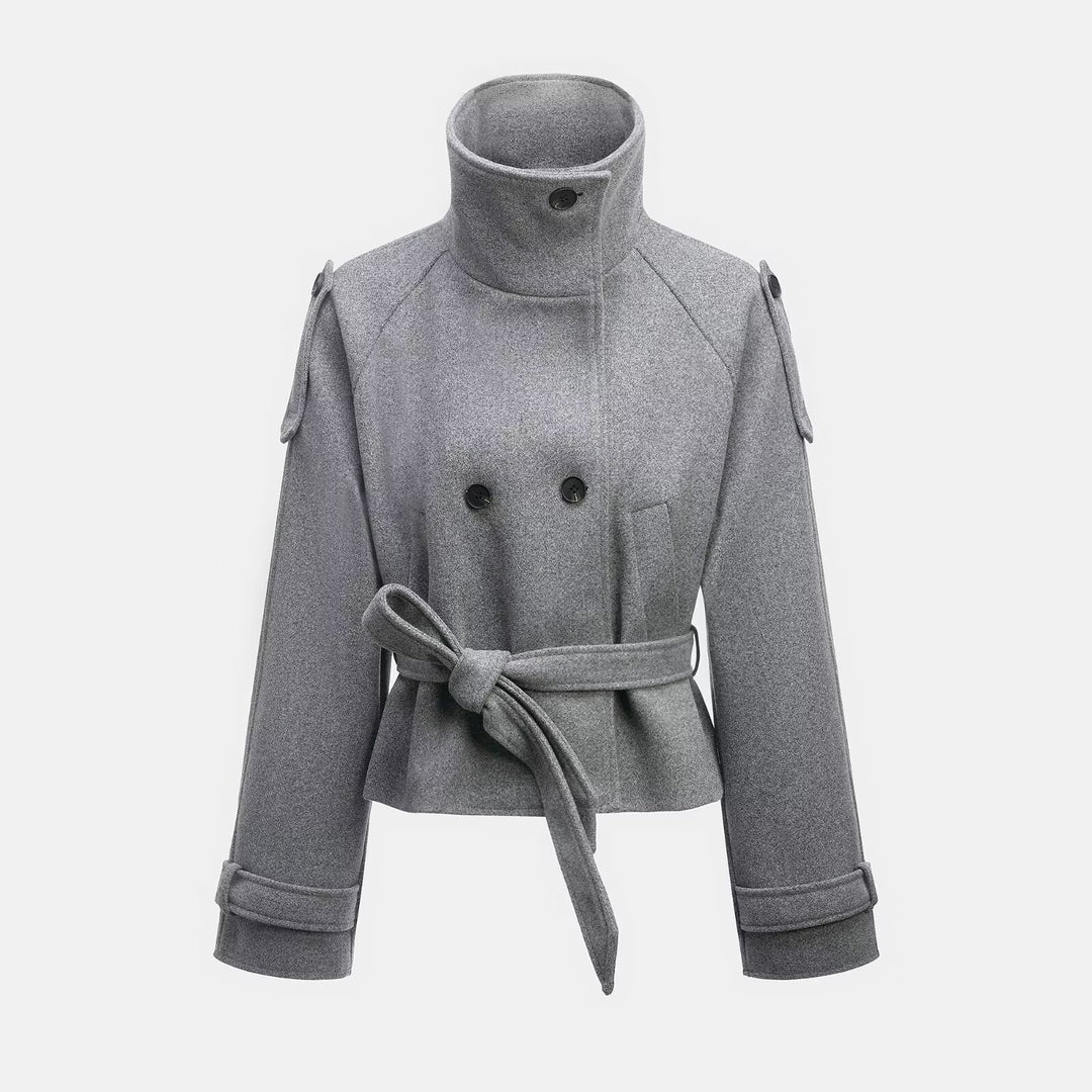 Damen Cropped Wollmix‑Kurzmantel mit hohem Stehkragen, Epauletten und Taillengürtel Nord Taschen