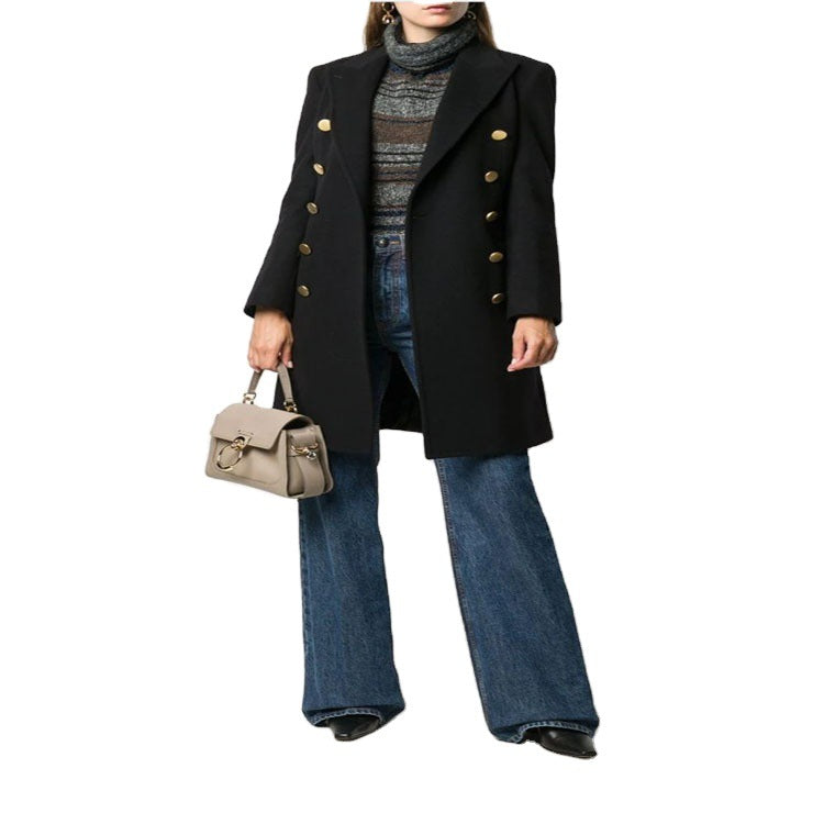 Damen Militärisch-inspirierter Taillierter Longcoat im Tailoring mit dekorativen Metallknöpfen Nord Taschen