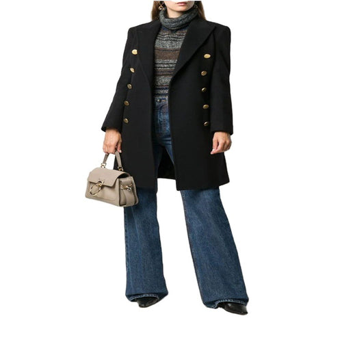 Damen Militärisch-inspirierter Taillierter Longcoat im Tailoring mit dekorativen Metallknöpfen Nord Taschen