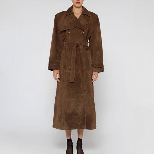 Damen langer Wildleder-Trenchcoat mit Taillengürtel Nord Taschen