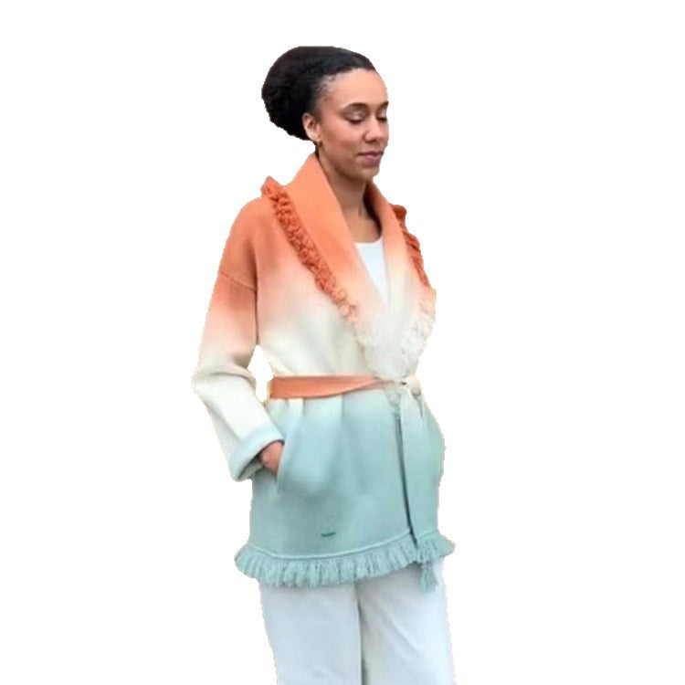 Damen Farbverlauf-Strickcardigan mit Fransen und Schalkragen Nord Taschen