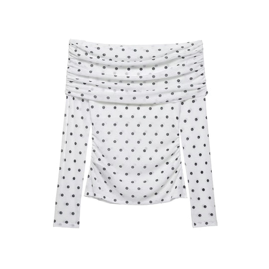 Damen Schulterfreies Langarm-Top mit Wasserfallkragen und Polka-Dot-Print Nord Taschen