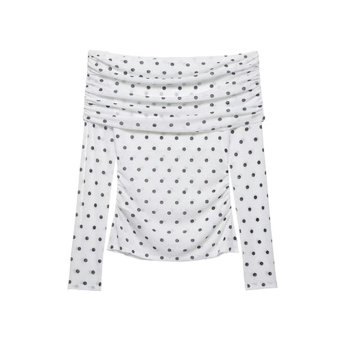 Damen Schulterfreies Langarm-Top mit Wasserfallkragen und Polka-Dot-Print Nord Taschen