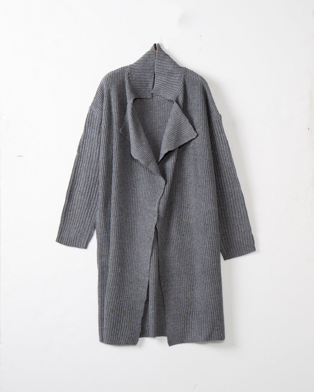 Damen langer offener Rippstrick-Cardigan mit weitem Schalkragen Nord Taschen