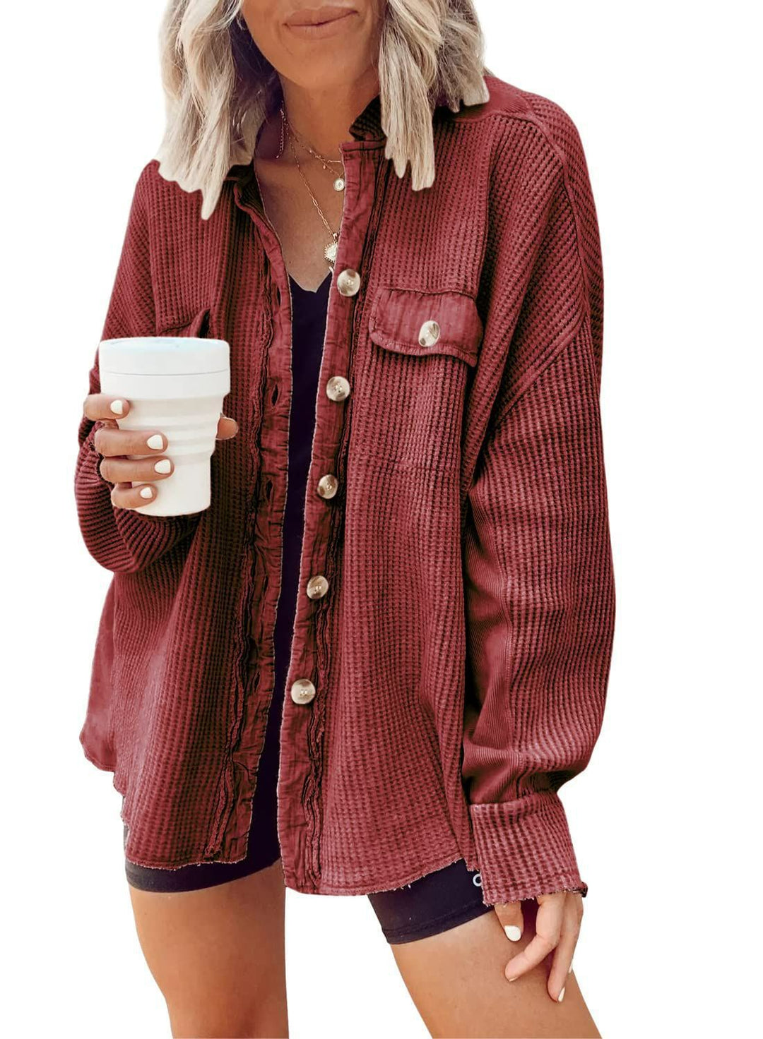 Damen Lässiges Overshirt mit Struktur und Druckknopfverschluss