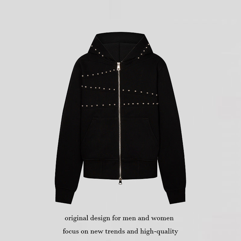 Damen Kapuzen-Sweatjacke mit Nietenbesatz, durchgehendem Reißverschluss und Kängurutaschen Nord Taschen