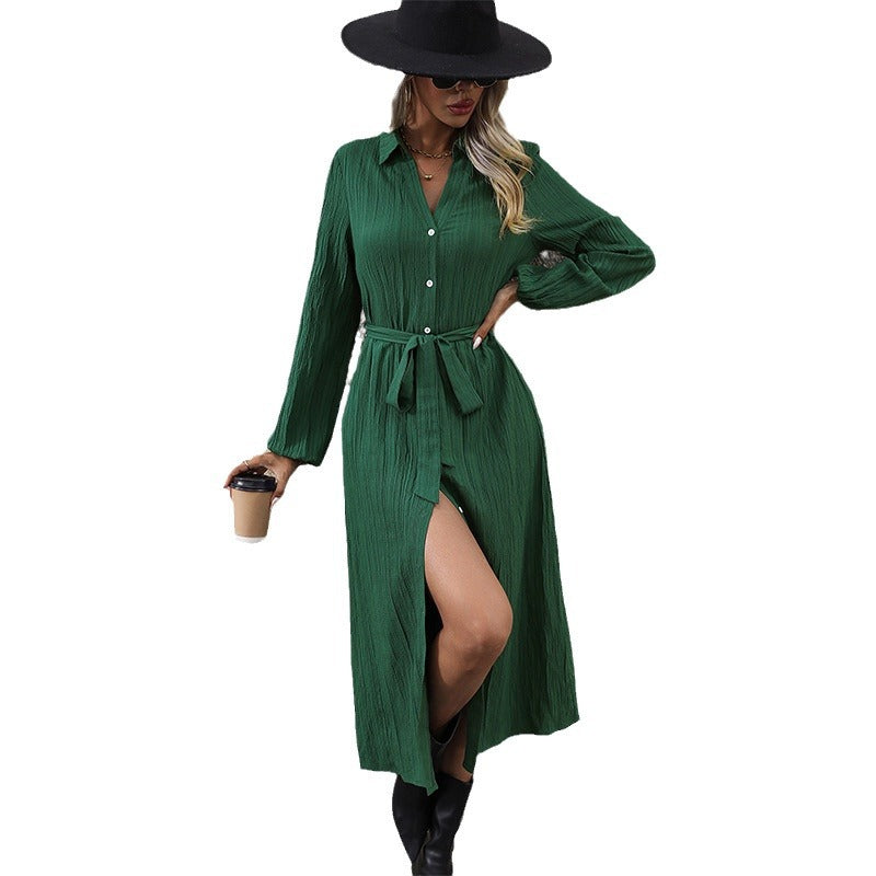 Damen Langarm Hemdblusenkleid mit Gürtel Nord Taschen
