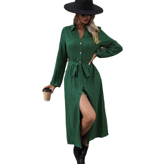 Damen Langarm Hemdblusenkleid mit Gürtel Nord Taschen
