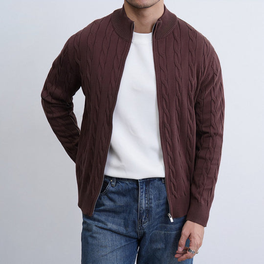 Herren Feiner Zopfmuster-Halbzip-Cardigan mit Rippkragen und silbernem Reißverschluss Nord Taschen