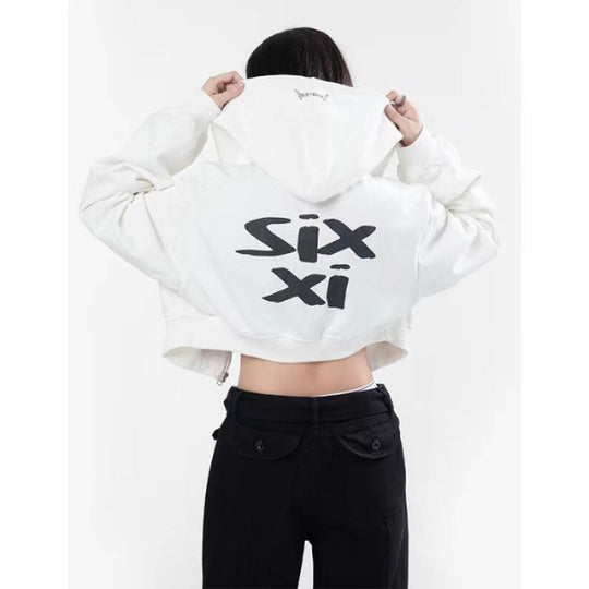 Damen nan cropped Kapuzenpullover im Streetwear-Style mit auffälligem Rückenprint und geripptem Saum Nord Taschen