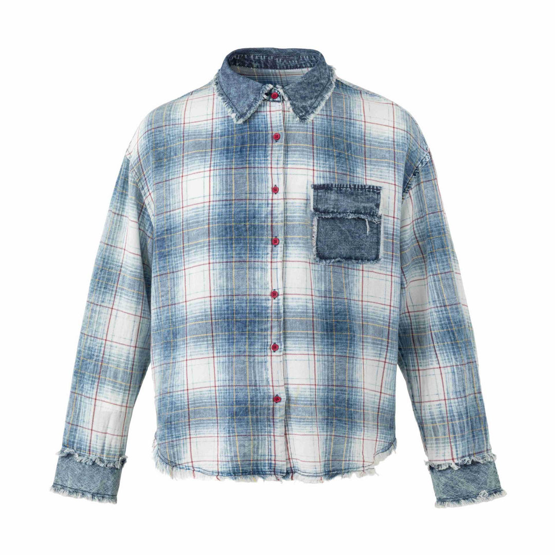 Damen Oversize kariertes Hemdjacke mit Denim-Applikationen und ausgefransten Kanten Nord Taschen