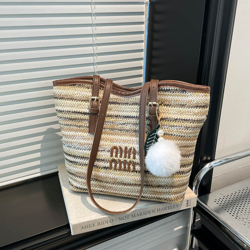 Damen Strandtasche mit bunten Streifen und Pompon Nord Taschen