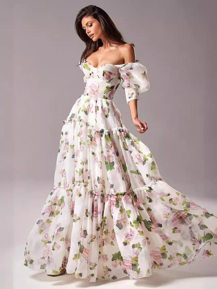 Damen Elegantes Maxikleid mit schulterfreien Rüschenärmeln und floralen Akzenten