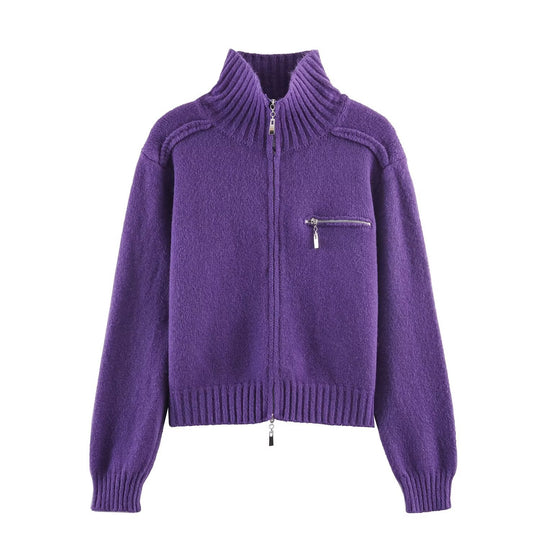 Damen Grobgestrickte Reißverschluss‑Strickjacke mit hohem Rippkragen und Brusttasche Nord Taschen