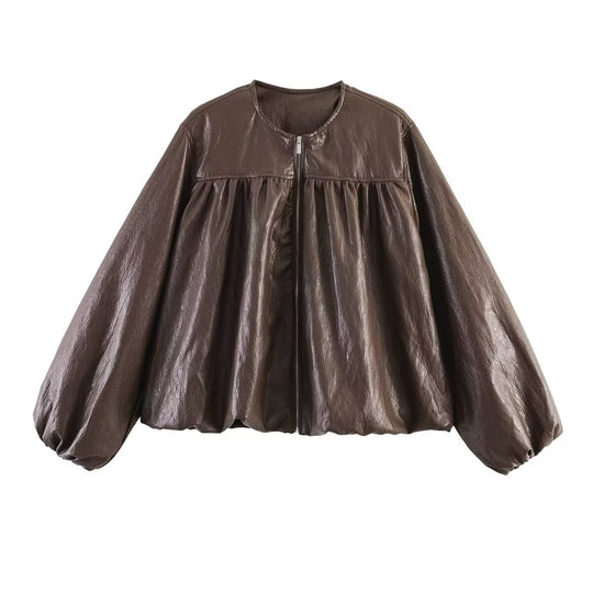 Damen Kurzjacke mit geraffter Passe, Ballonärmeln und Reißverschluss Nord Taschen