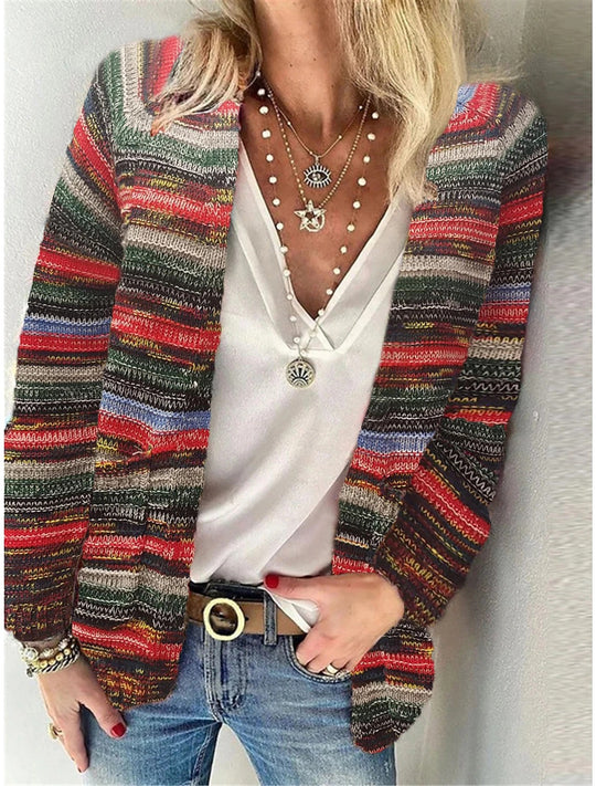 Damen Mehrfarbiger Strickcardigan mit offener Front, legerem Oversize-Schnitt und feinem Rippbündchen Nord Taschen