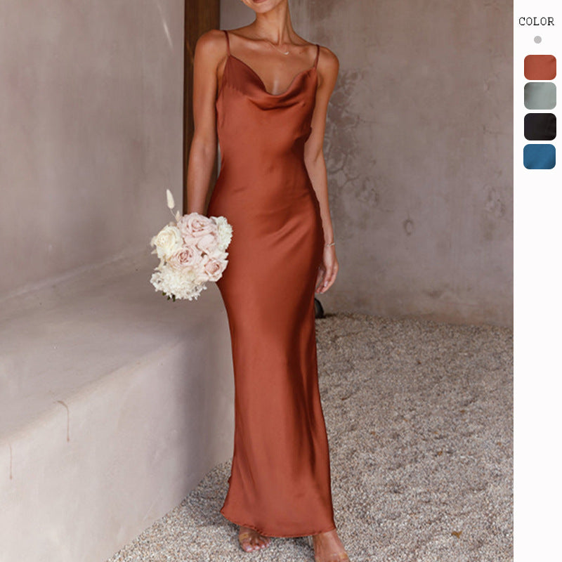 Damen Elegantes, fließendes Maxikleid aus hochwertigem Satin mit Spaghettiträgern