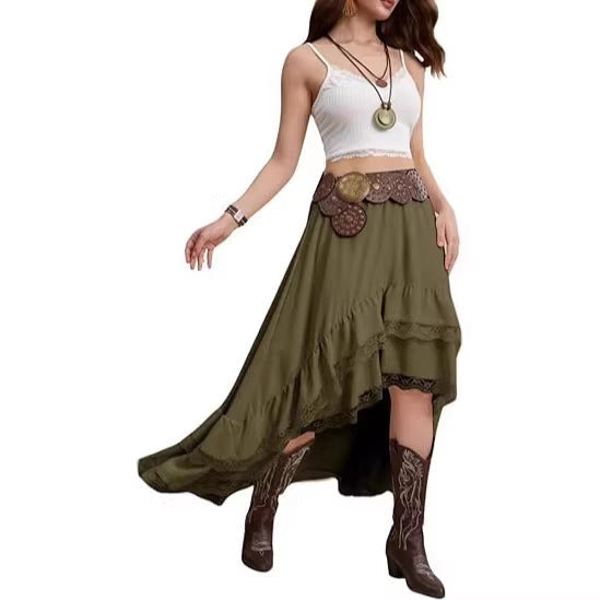 Damen Boho Maxi-Rock mit asymmetrischem Saum und Spitzenverzierungen