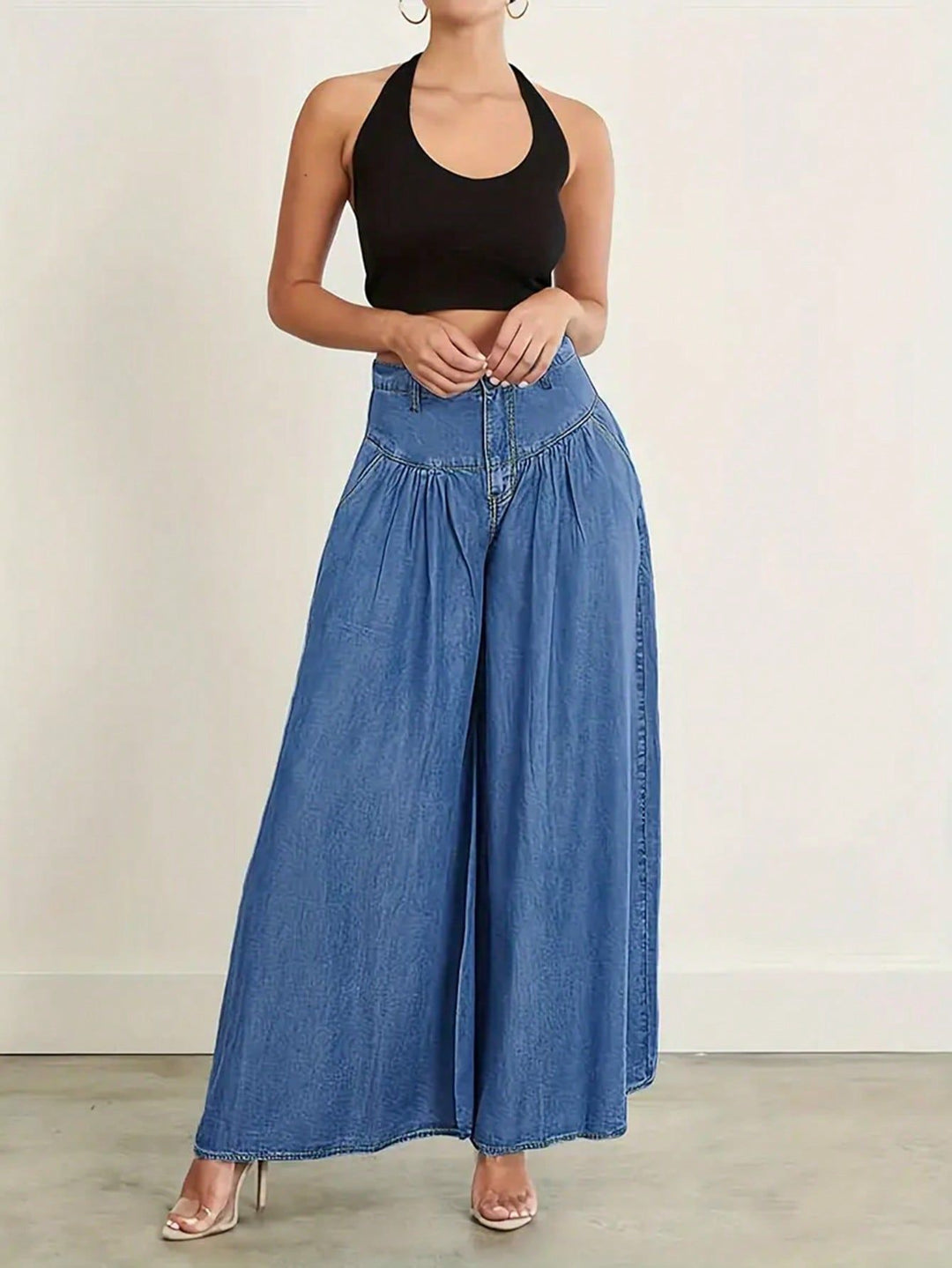 Damen Hochtaillierte Denim-Palazzohose mit geraffter Kellerfalte und extra weitem Bein Nord Taschen