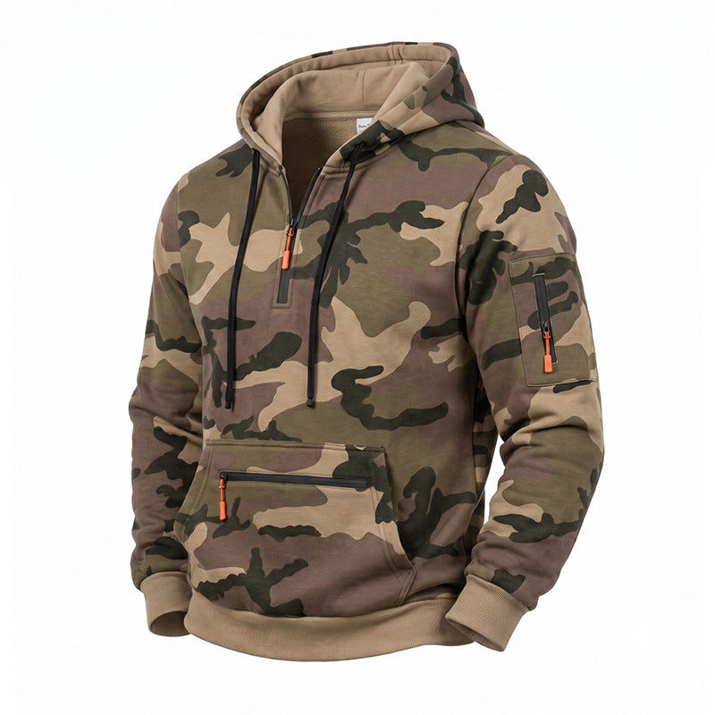 Herren Kapuzenpullover Camouflage mit Fleecefutter, Halbzip und Reißverschlusstaschen Nord Taschen