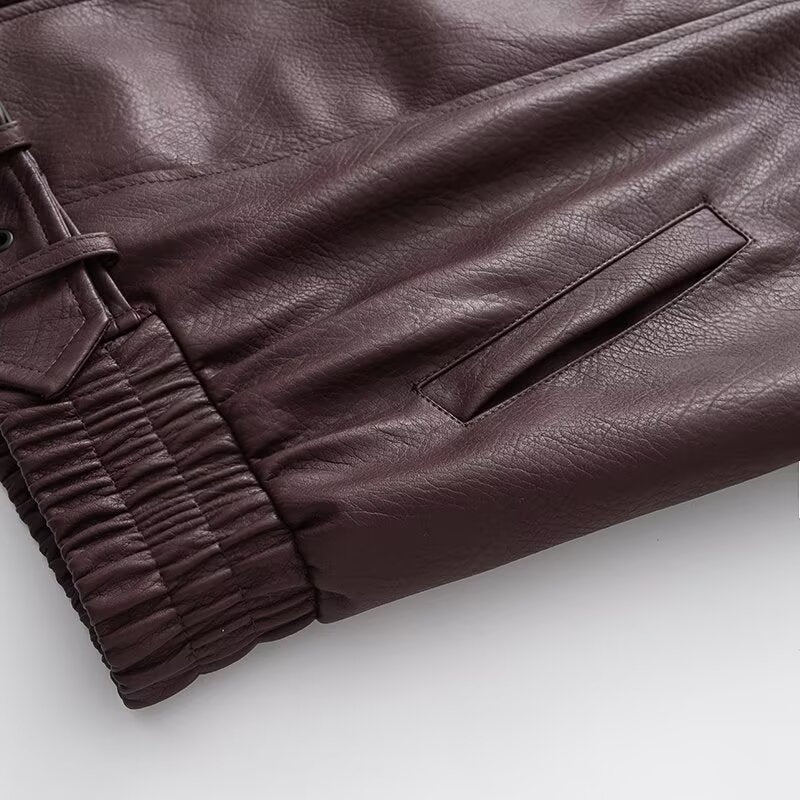 Damen Oversize Kunstleder-Bikerjacke mit asymmetrischem Reißverschluss, Gürtel und elastischem Bund Nord Taschen